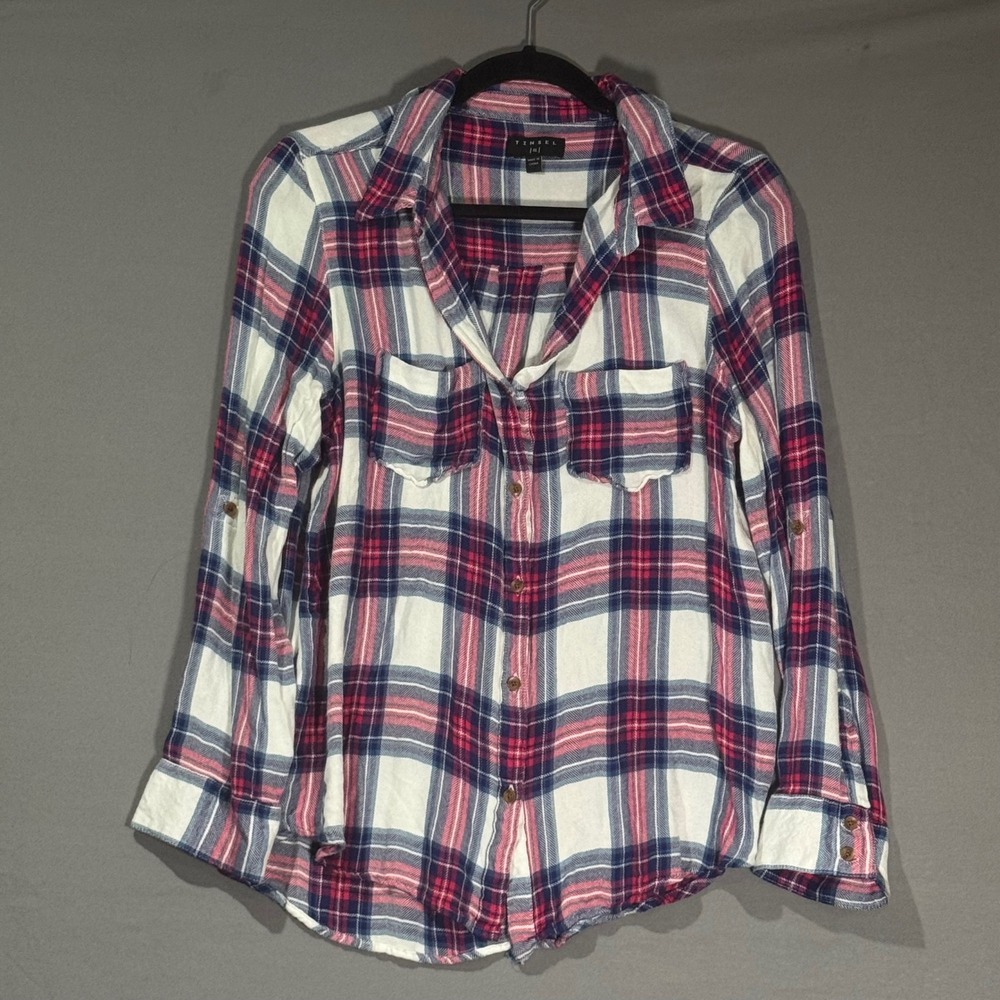 Tinsel Plaid Button Up Shirt Womens XL Blue Red White Excellent Roll Tab Sleeve